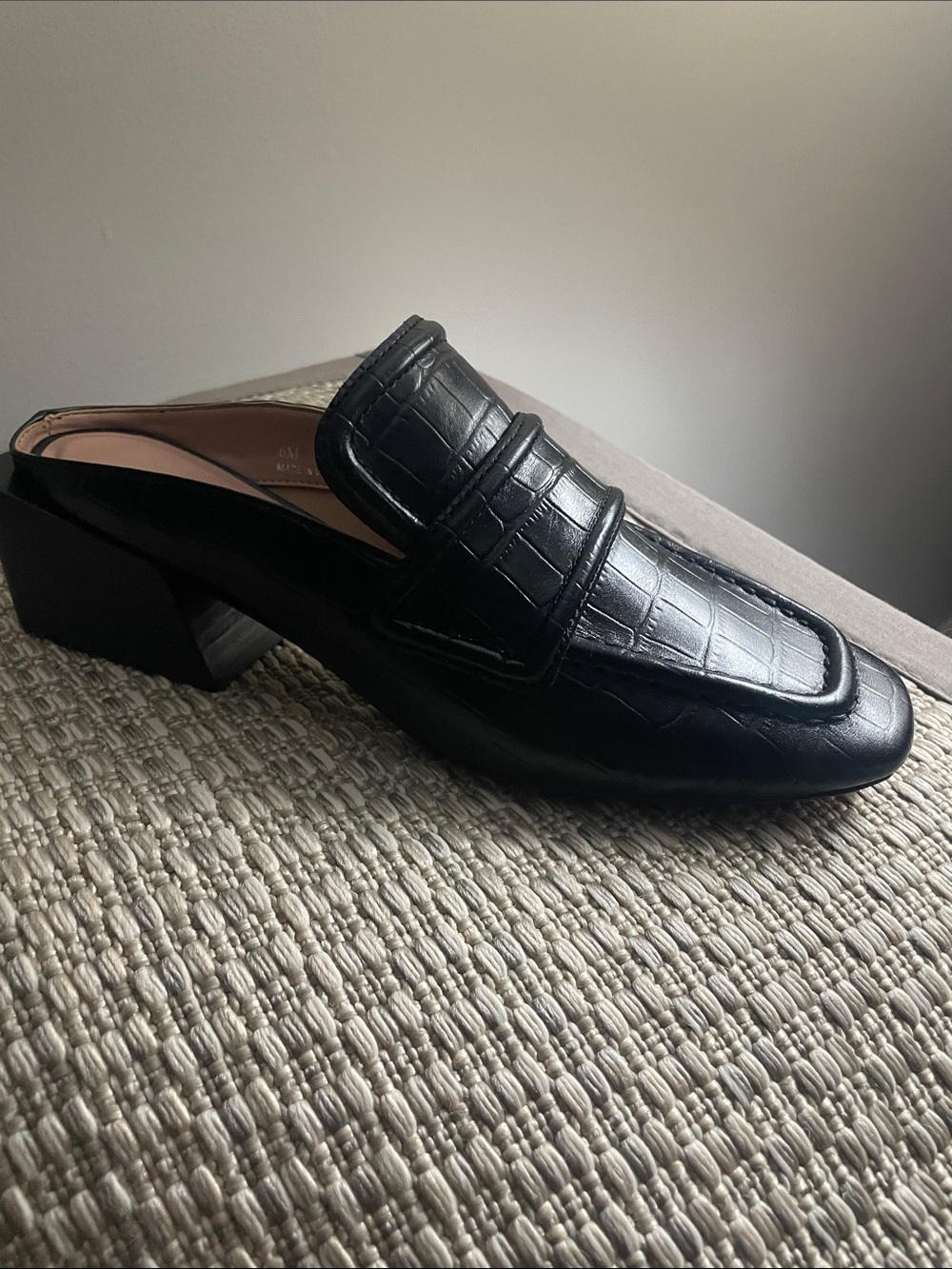 Black Croc-Embossed Leather Penny Mules